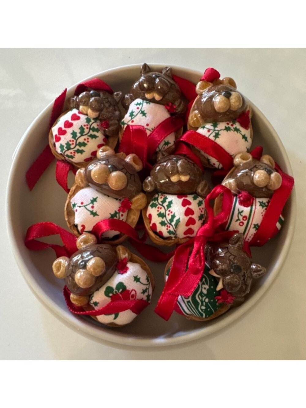 Handmade Christmas Bear Ornaments In Walnut Shells With Red Ribbons -‎ Set Of 8